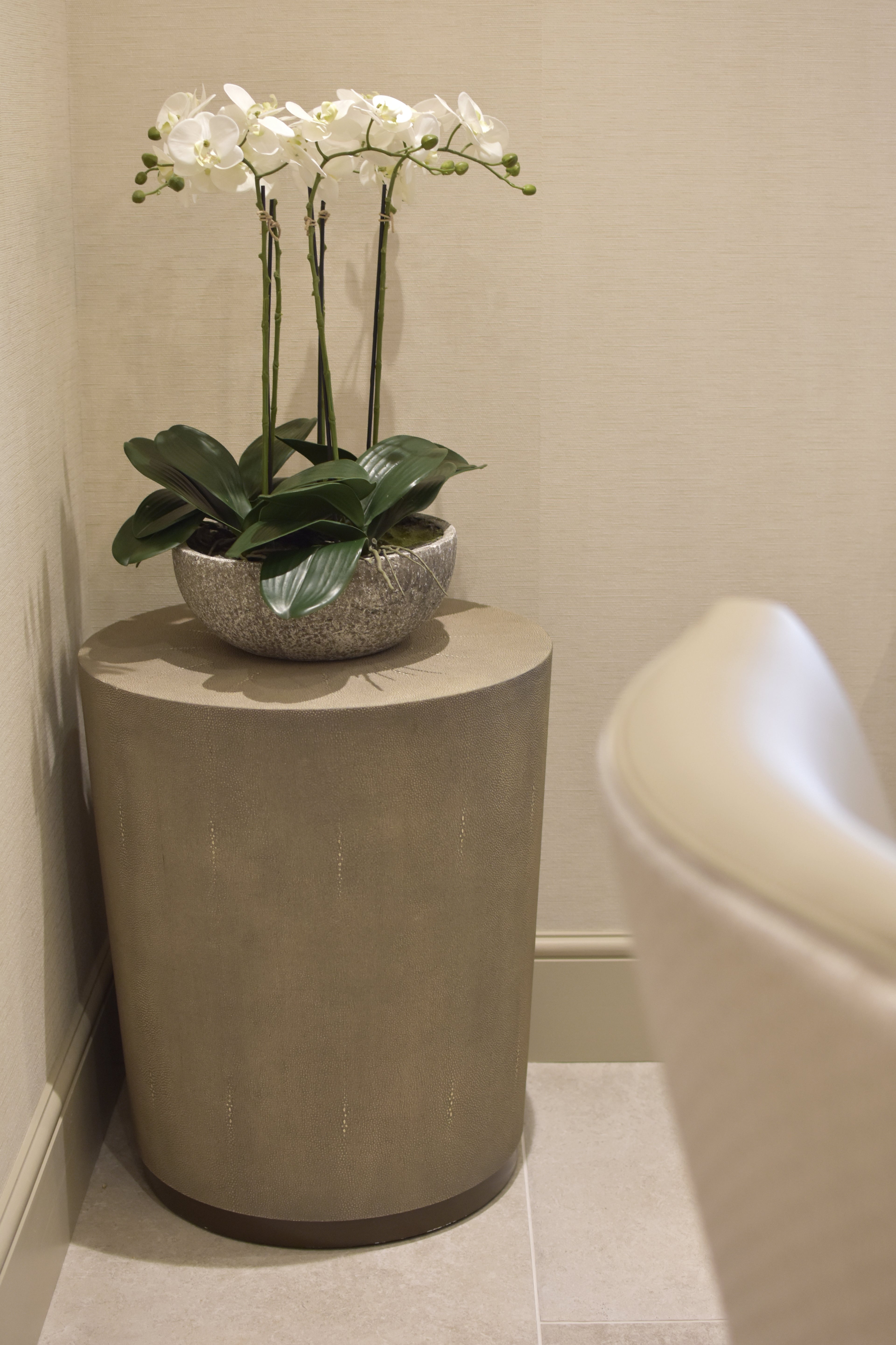 Faux White Orchid in Stone Bowl